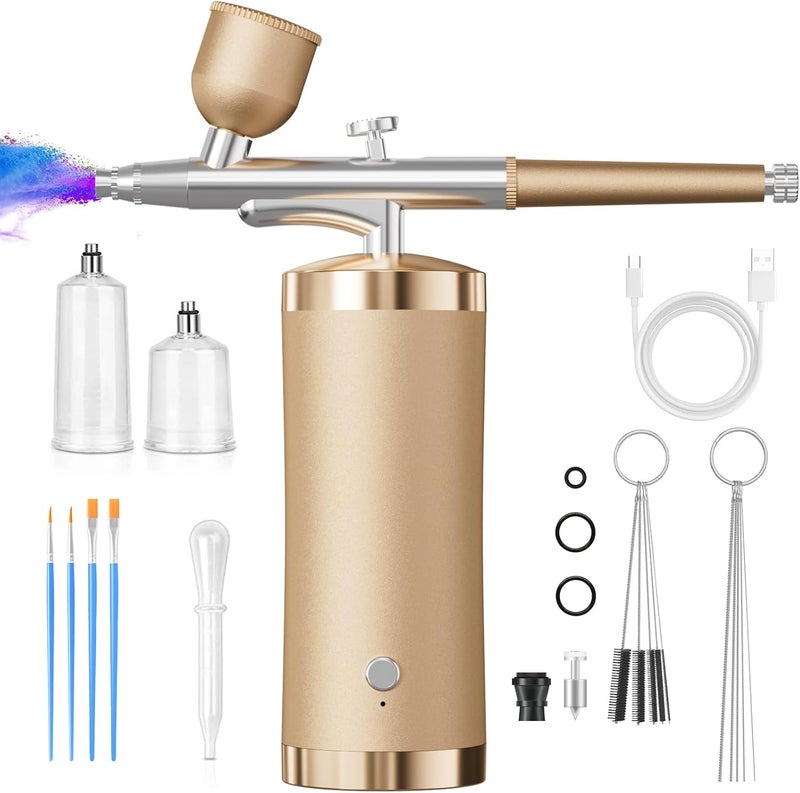 crpen Airbrush Kit With Compressor 48PSI Rechargeable High Pressure Air Brush Set Cordless Airbrush Kit with 0.3mm Nozzle for Painting,Nail Art, Cake Decor,Makeup,Modeling (Golden) - Image 1